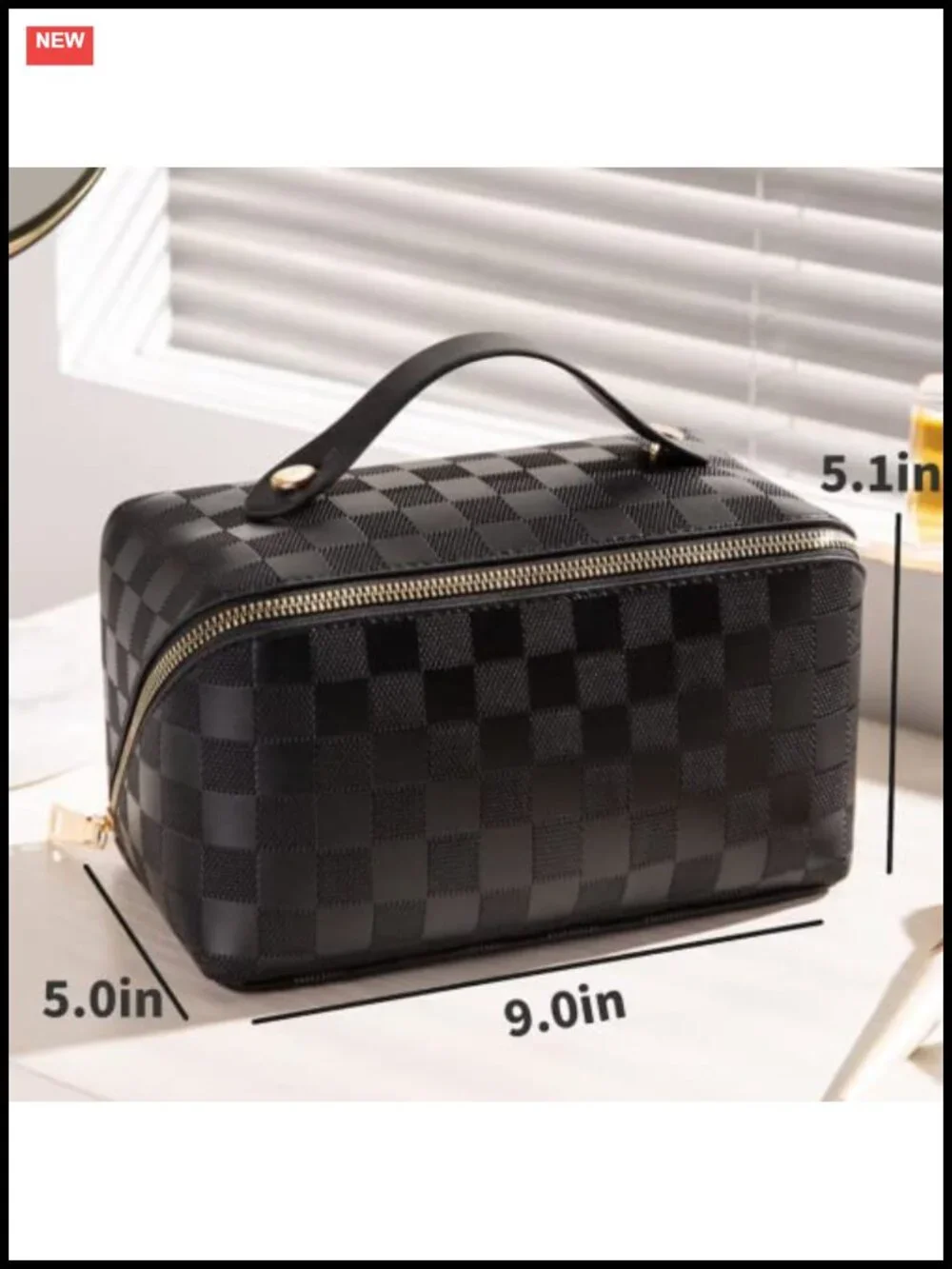 Large Capacity Faux Leather Cosmetic Bag with Divider Pouch & Zipper